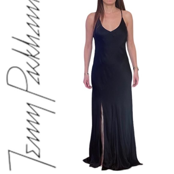Jenny Packham Mermaid shape black satin dress striped w/ black sequins Sz 6 USA - Picture 3 of 8